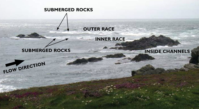 Looking SSW at Penrhyn Mawr, peak flood spring tide, south westerly force 4, 2 foot southerly swell.